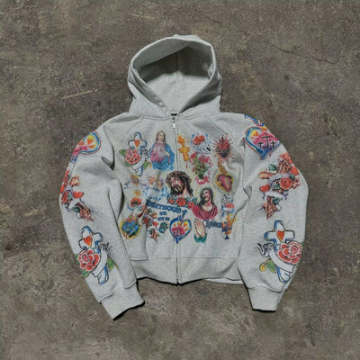 2025 Street Casual Clothing Retro Pattern Printed Hoodie Loose Temperament Men'S Hoodie Gothic Rock Fashion Sports Hoodie