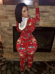 Christmas Women's loose Elastic, Zipper Hoodie jumpsuit