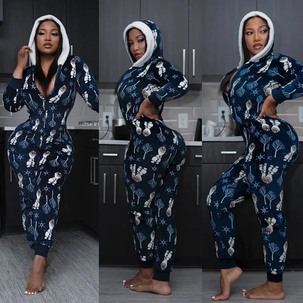 Christmas Women's loose Elastic, Zipper Hoodie jumpsuit