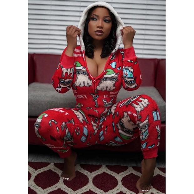 Christmas Women's loose Elastic, Zipper Hoodie jumpsuit