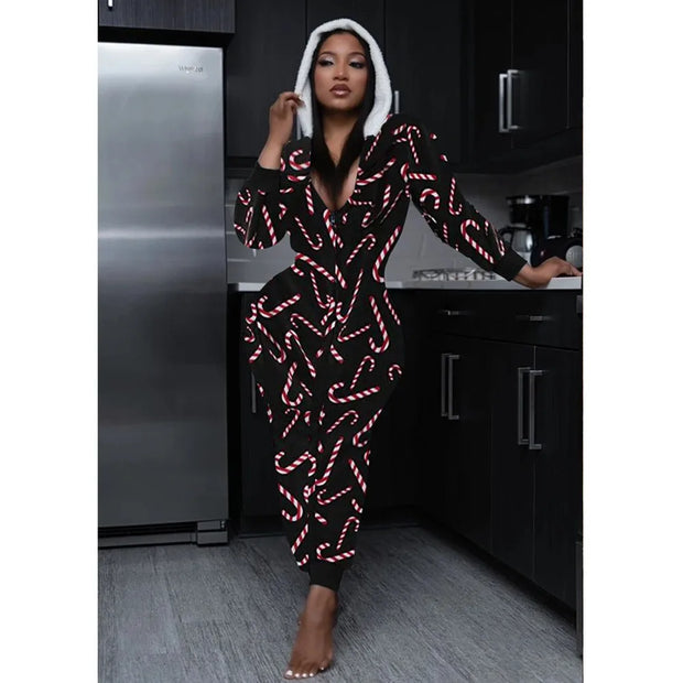 Christmas Women's loose Elastic, Zipper Hoodie jumpsuit