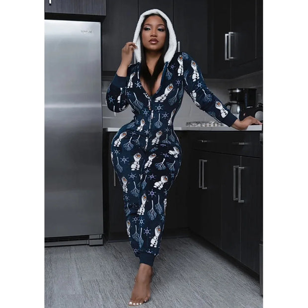 Christmas Women's loose Elastic, Zipper Hoodie jumpsuit